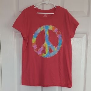 Bright Coral Embellished Peace Sign Graphic Tee  Size Girl's 14 (XL)